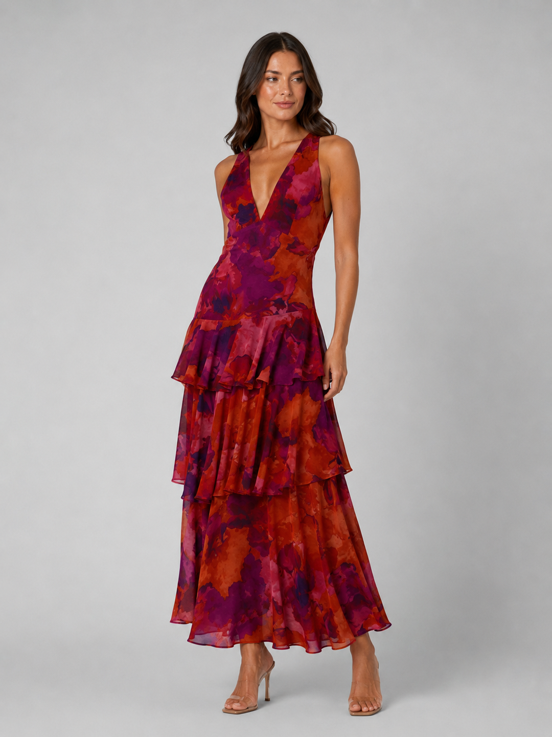 Women’s Tiered Ruffle V-Neck Maxi Dress – Flowing Silhouette