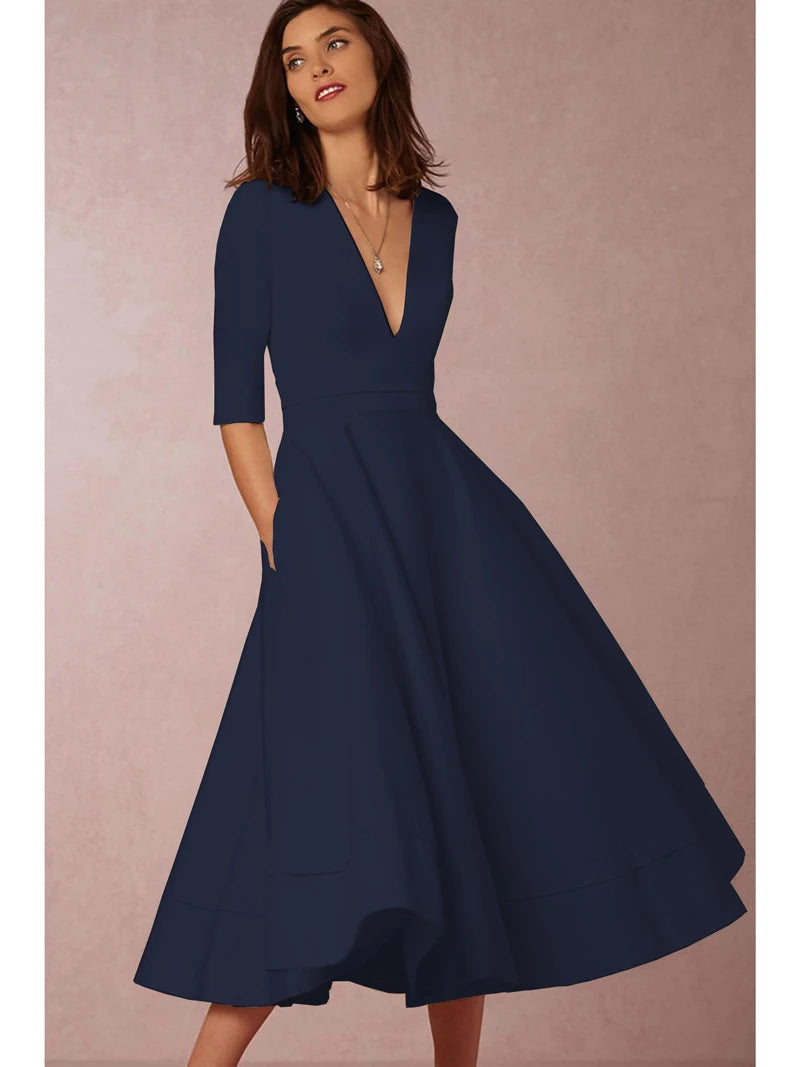 retro midi dress MUXXN Women's 50s Retro Casual Swing Midi Dress 3/4 Sleeve Square A Line Neck Vintage Cocktail Wedding Guest Bodycon Prom Black S at Amazon Women's Clothing store