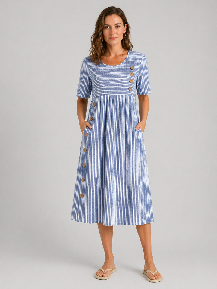 Women's Flattering Striped Midi Dress – Button Detail Fit