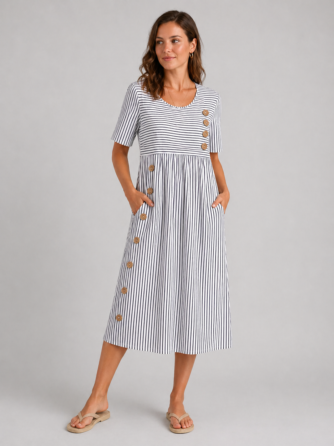 Women's Flattering Striped Midi Dress – Button Detail Fit