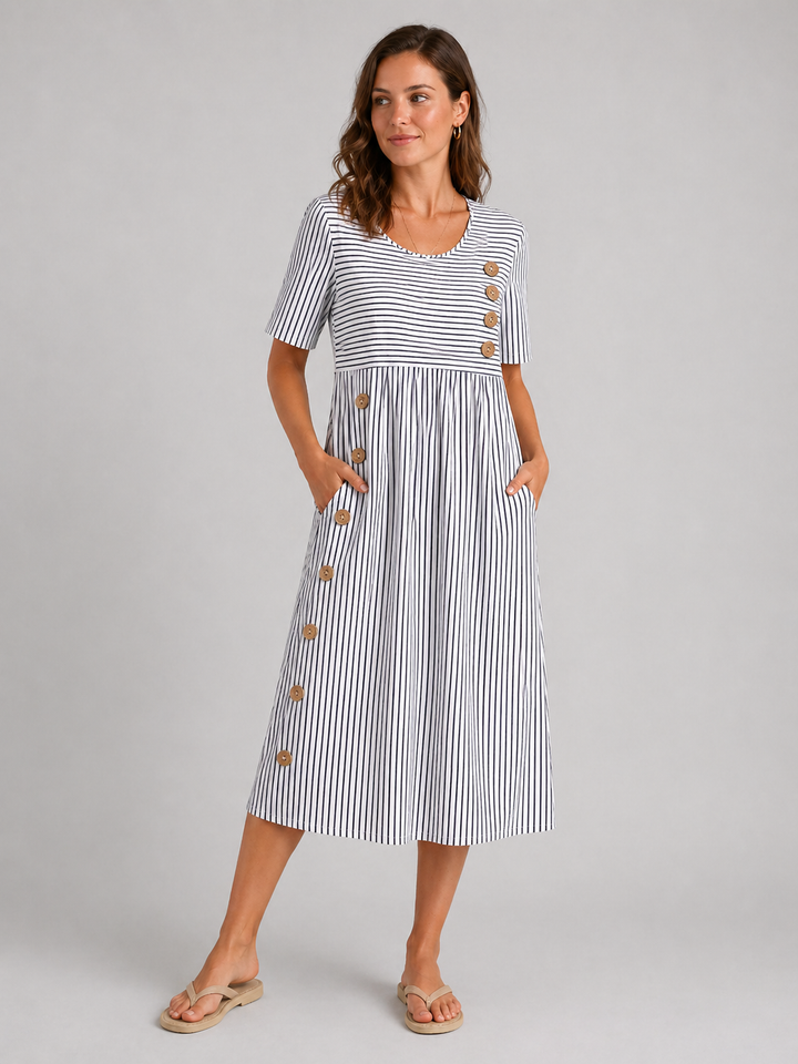 Women's Flattering Striped Midi Dress – Button Detail Fit