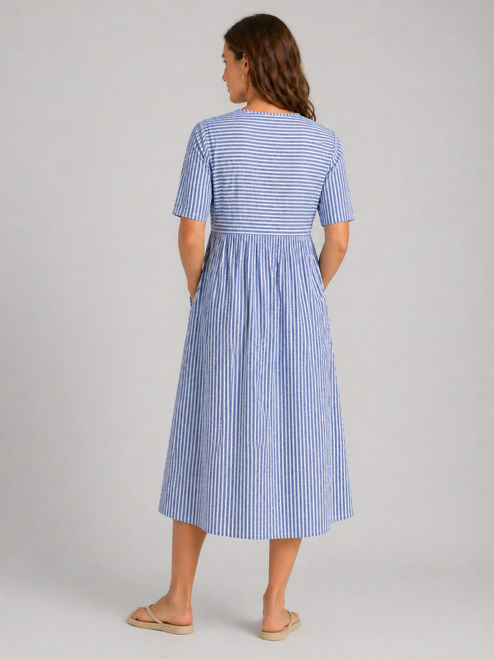 Women's Flattering Striped Midi Dress – Button Detail Fit