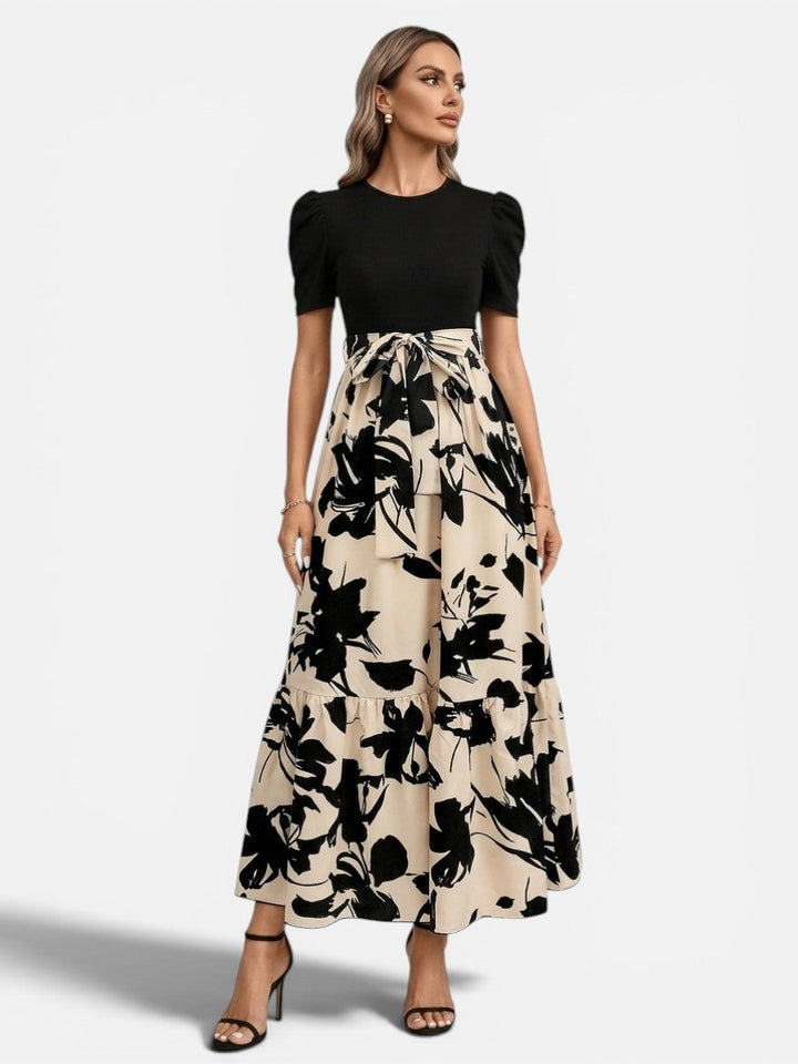 Women’s Floral Midi Dress – Puff Sleeve Belted Waist