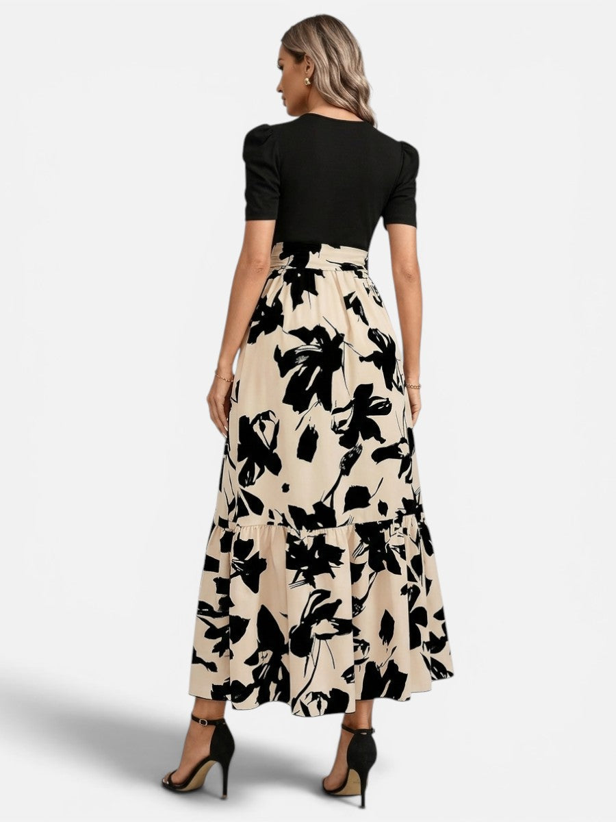 Women’s Floral Midi Dress – Puff Sleeve Belted Waist