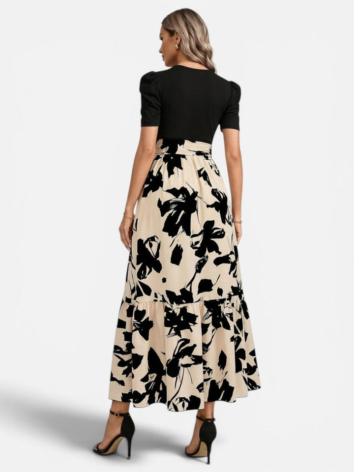 Women’s Floral Midi Dress – Puff Sleeve Belted Waist