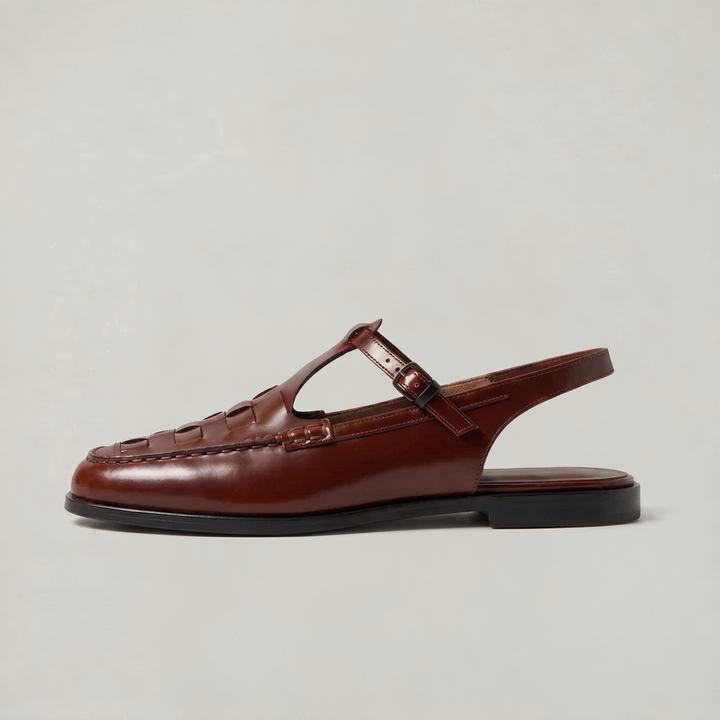 Women's Woven Leather Slingback Sandals - Flat Buckle T-Bar Loafer Sandals