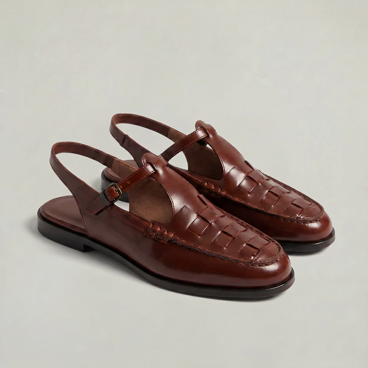 Women's Woven Leather Slingback Sandals - Flat Buckle T-Bar Loafer Sandals