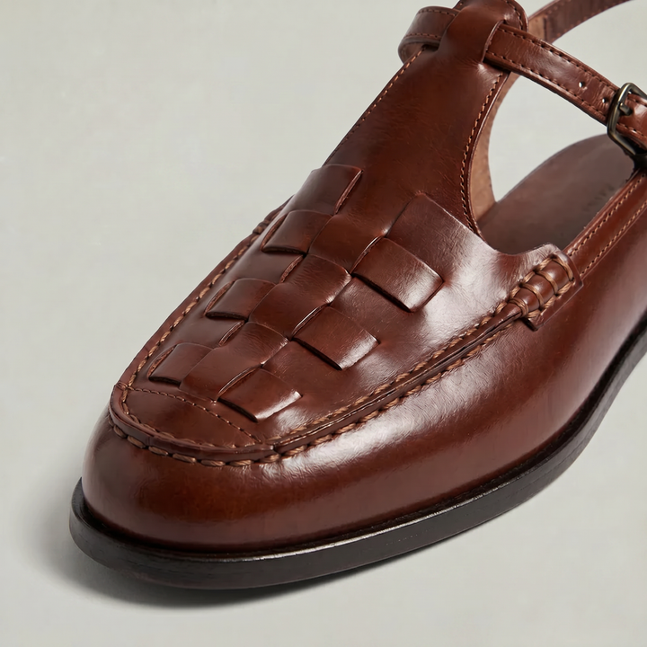 Women's Woven Leather Slingback Sandals - Flat Buckle T-Bar Loafer Sandals