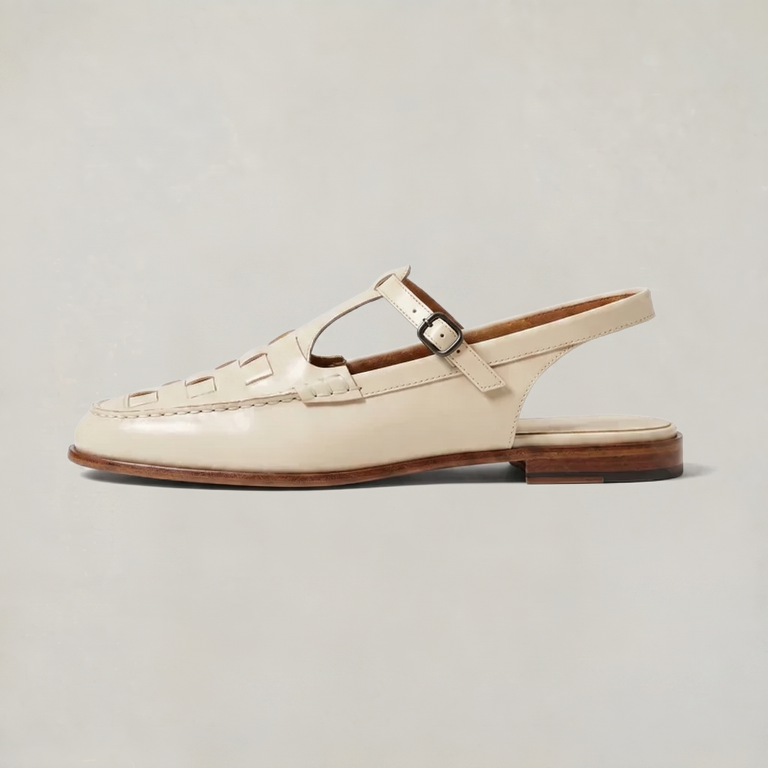 Women's Woven Leather Slingback Sandals - Flat Buckle T-Bar Loafer Sandals