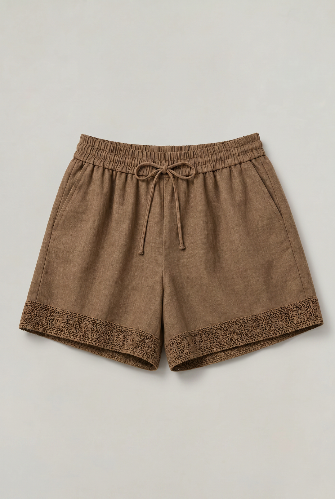Women's Linen Lace Trim Drawstring Elastic Waist Shorts