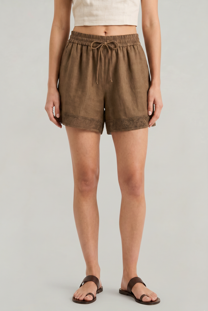 Women's Linen Lace Trim Drawstring Elastic Waist Shorts