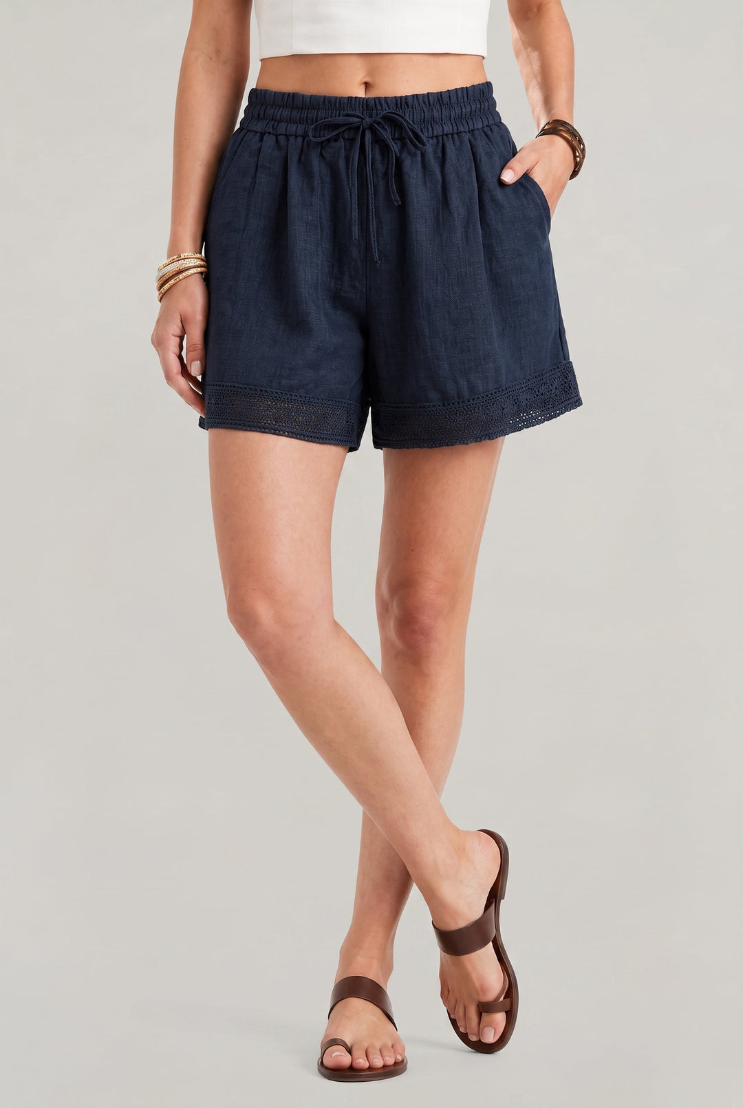 Women's Linen Lace Trim Drawstring Elastic Waist Shorts