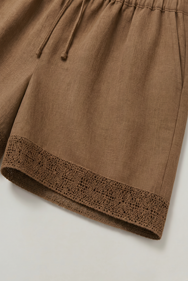 Women's Linen Lace Trim Drawstring Elastic Waist Shorts