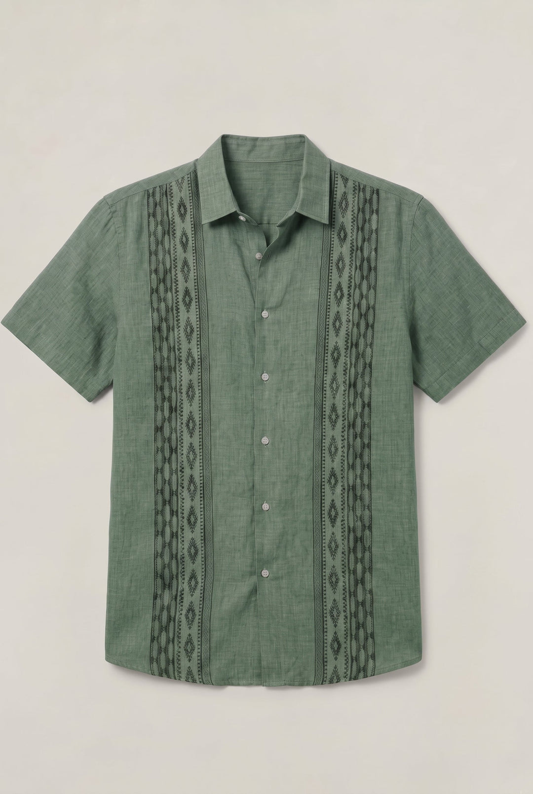Men's Green Embroidered Shirt - Short Sleeve Aztec Print Button Up Summer Shirt