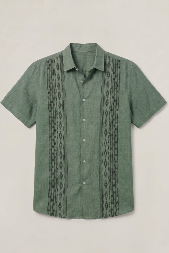 Men's Green Embroidered Shirt - Short Sleeve Aztec Print Button Up Summer Shirt