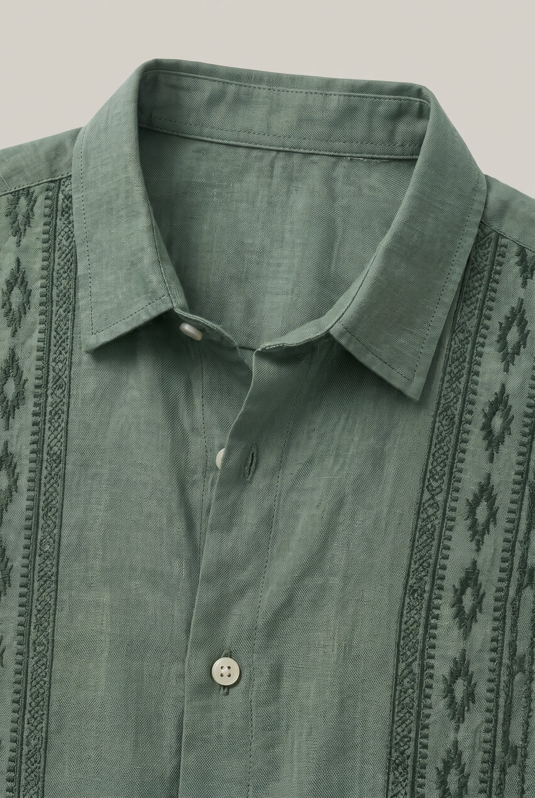 Men's Green Embroidered Shirt - Short Sleeve Aztec Print Button Up Summer Shirt