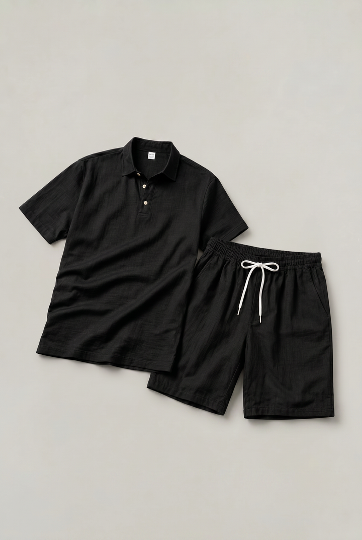 Men's Linen Short Sleeve Polo Shirt and Shorts Set