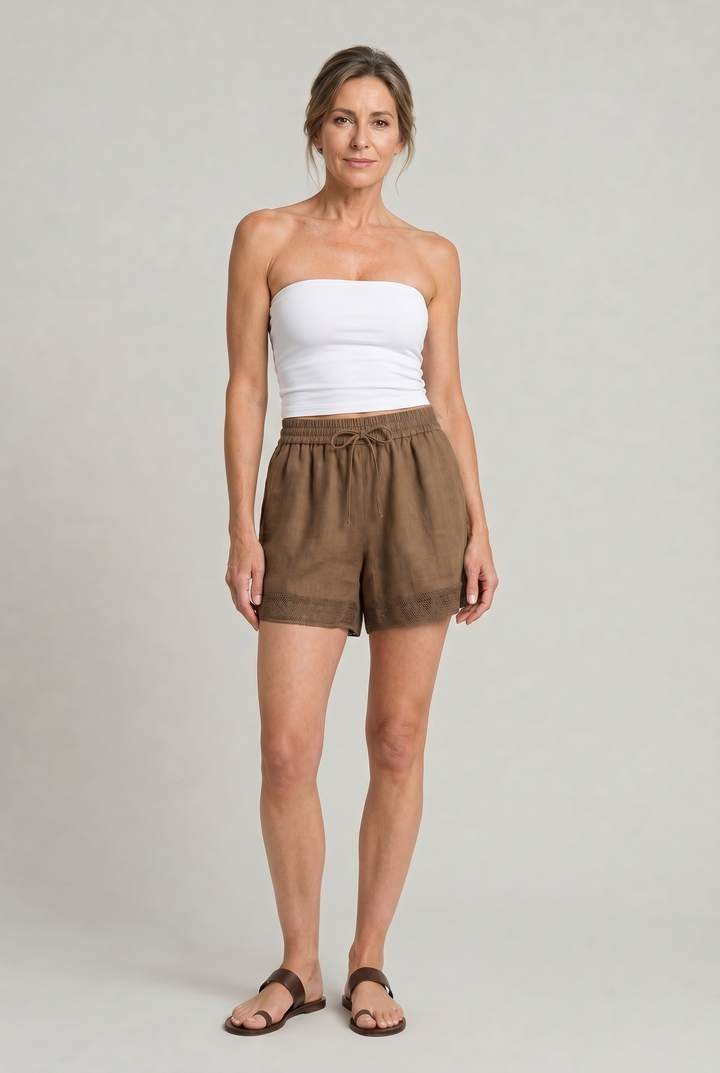Women's Linen Lace Trim Drawstring Elastic Waist Shorts