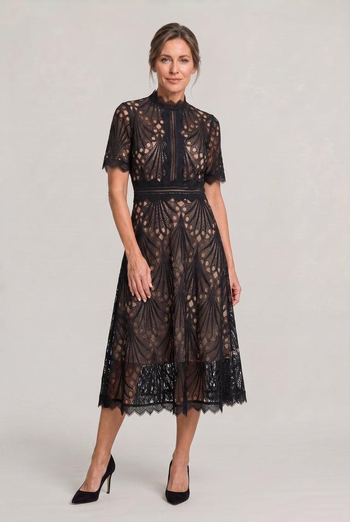 Women’s Elegant Lace Midi Dress – High Neck Silhouette with Refined Cutwork Detail