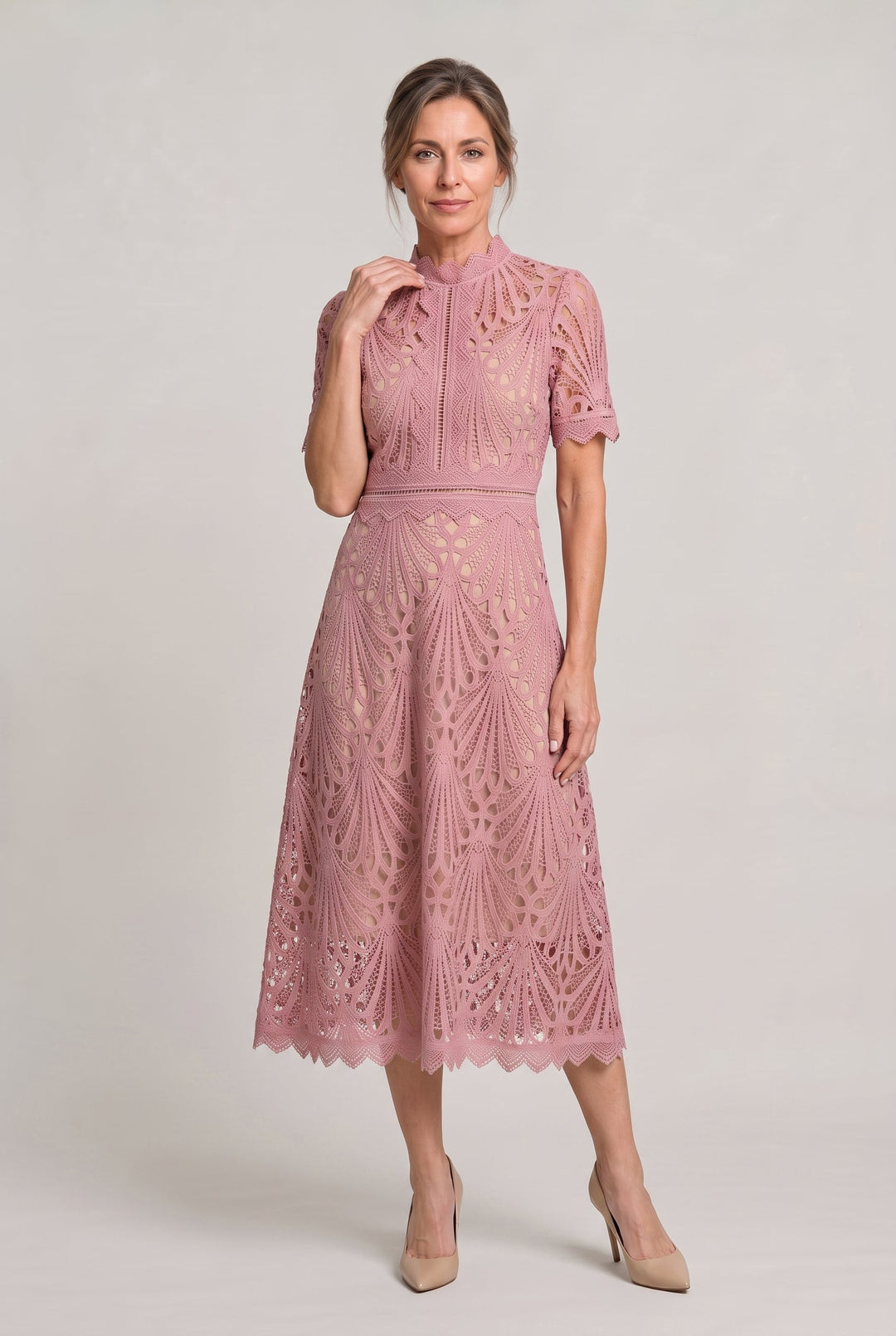 Women’s Elegant Lace Midi Dress – High Neck Silhouette with Refined Cutwork Detail