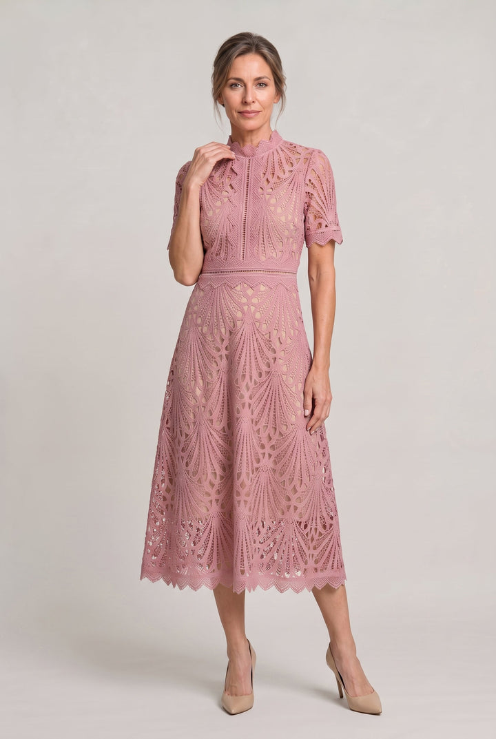 Women’s Elegant Lace Midi Dress – High Neck Silhouette with Refined Cutwork Detail