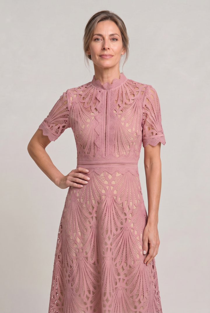 Women’s Elegant Lace Midi Dress – High Neck Silhouette with Refined Cutwork Detail