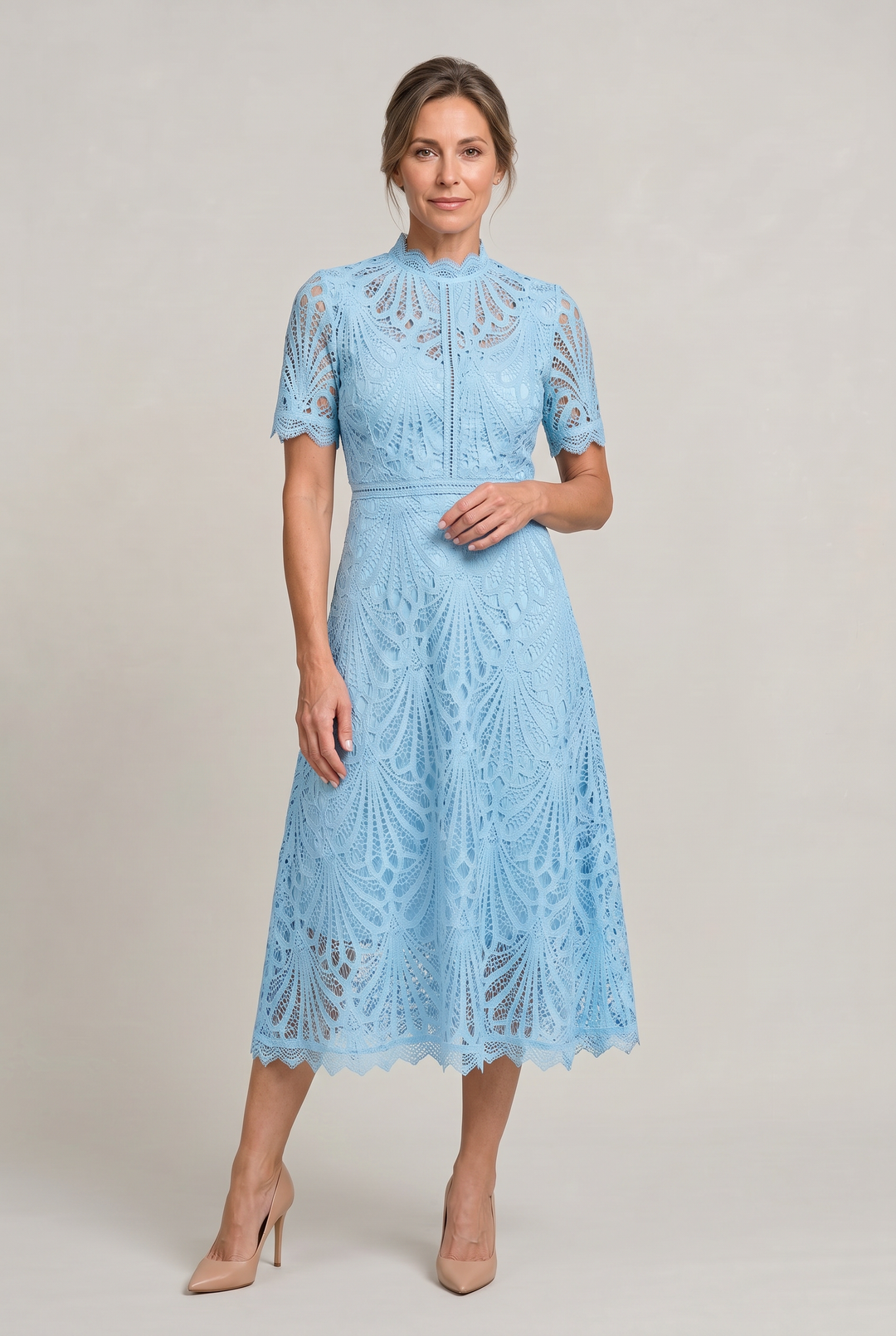 Women’s Elegant Lace Midi Dress – High Neck Silhouette with Refined Cutwork Detail