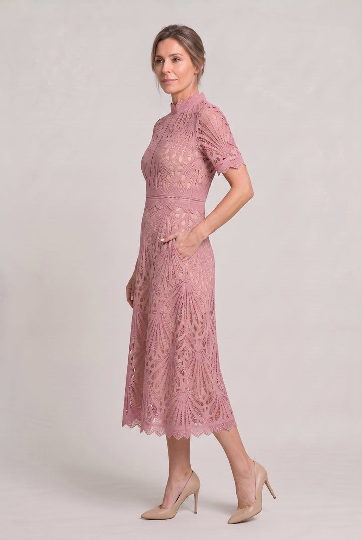 Women’s Elegant Lace Midi Dress – High Neck Silhouette with Refined Cutwork Detail