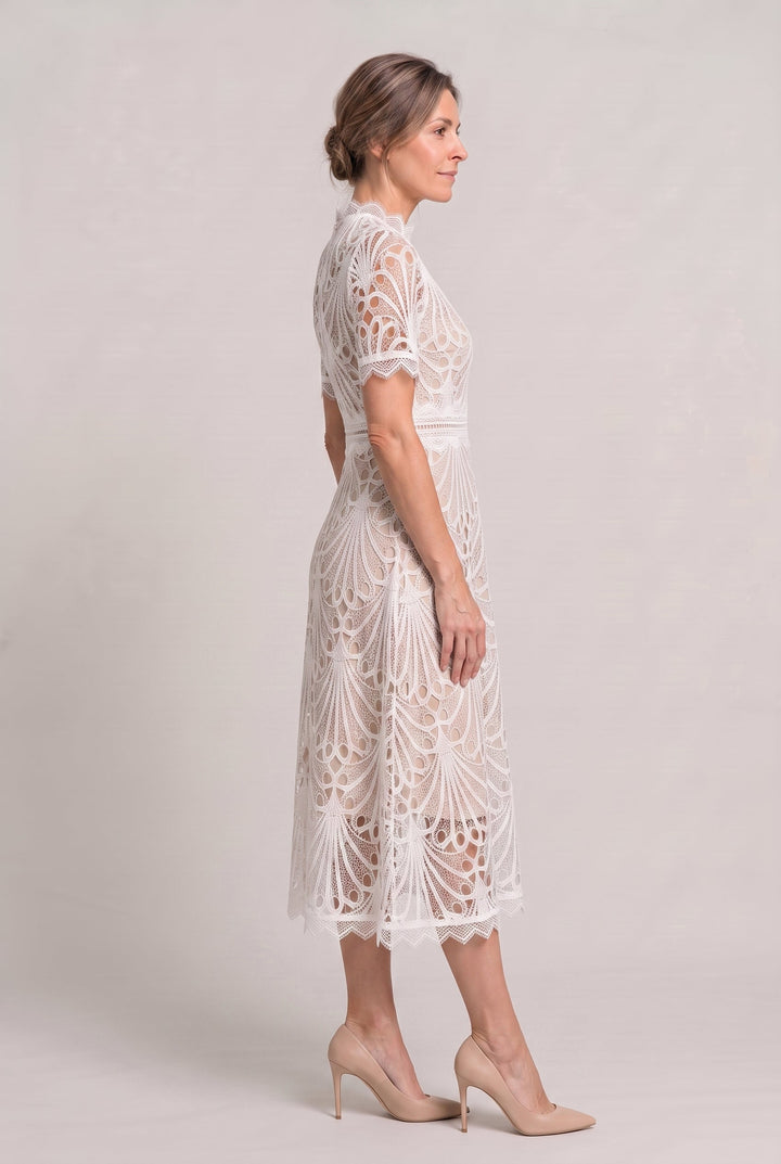 Women’s Elegant Lace Midi Dress – High Neck Silhouette with Refined Cutwork Detail