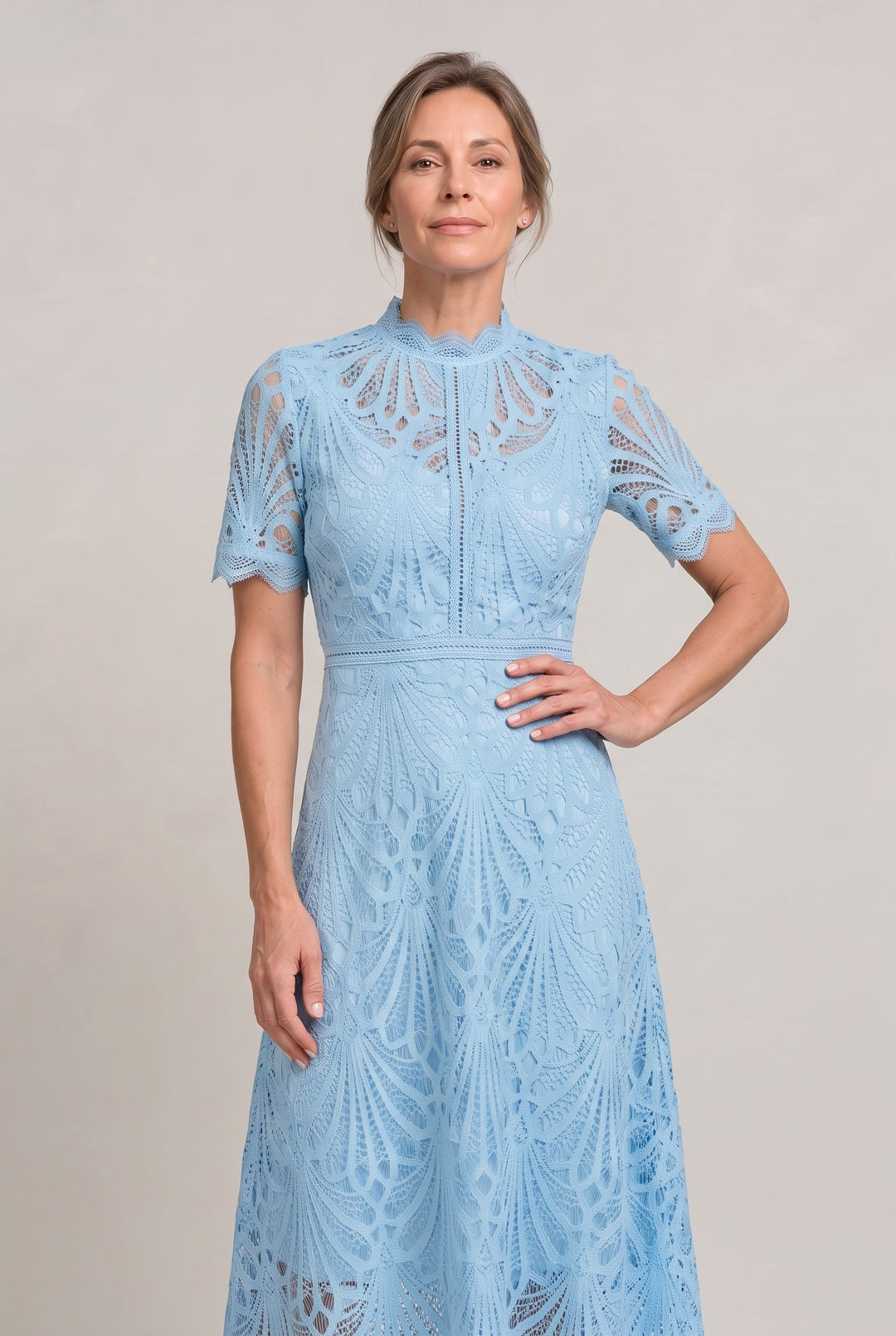 Women’s Elegant Lace Midi Dress – High Neck Silhouette with Refined Cutwork Detail