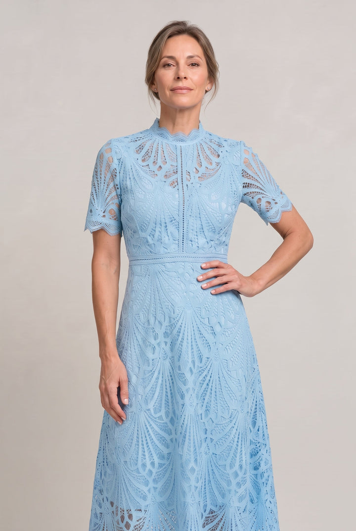 Women’s Elegant Lace Midi Dress – High Neck Silhouette with Refined Cutwork Detail