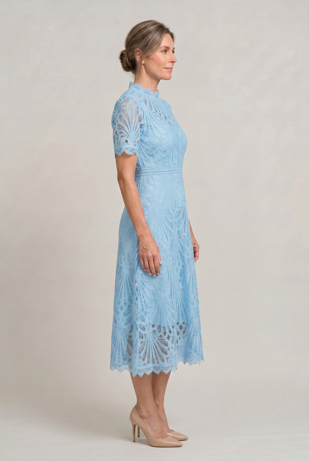 Women’s Elegant Lace Midi Dress – High Neck Silhouette with Refined Cutwork Detail