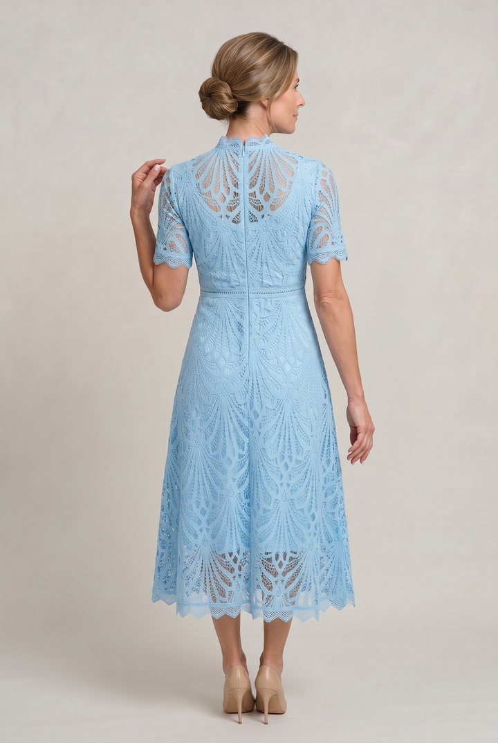 Women’s Elegant Lace Midi Dress – High Neck Silhouette with Refined Cutwork Detail