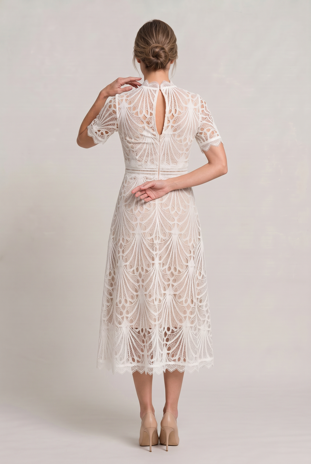 Women’s Elegant Lace Midi Dress – High Neck Silhouette with Refined Cutwork Detail