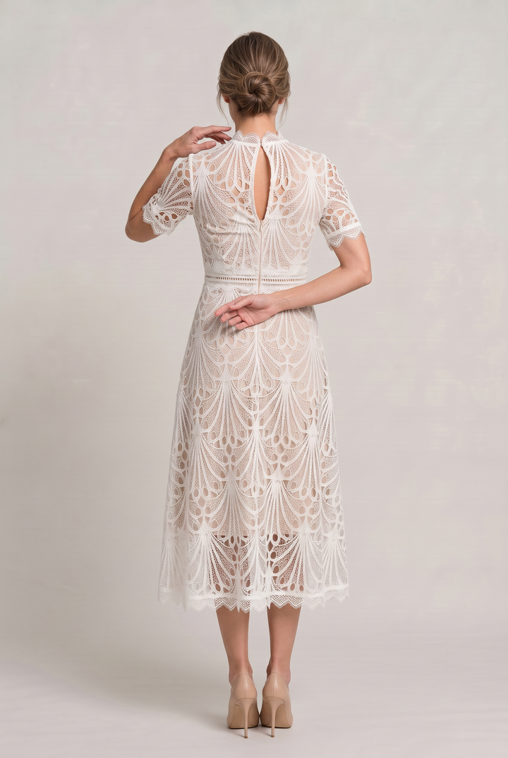 Women’s Elegant Lace Midi Dress – High Neck Silhouette with Refined Cutwork Detail