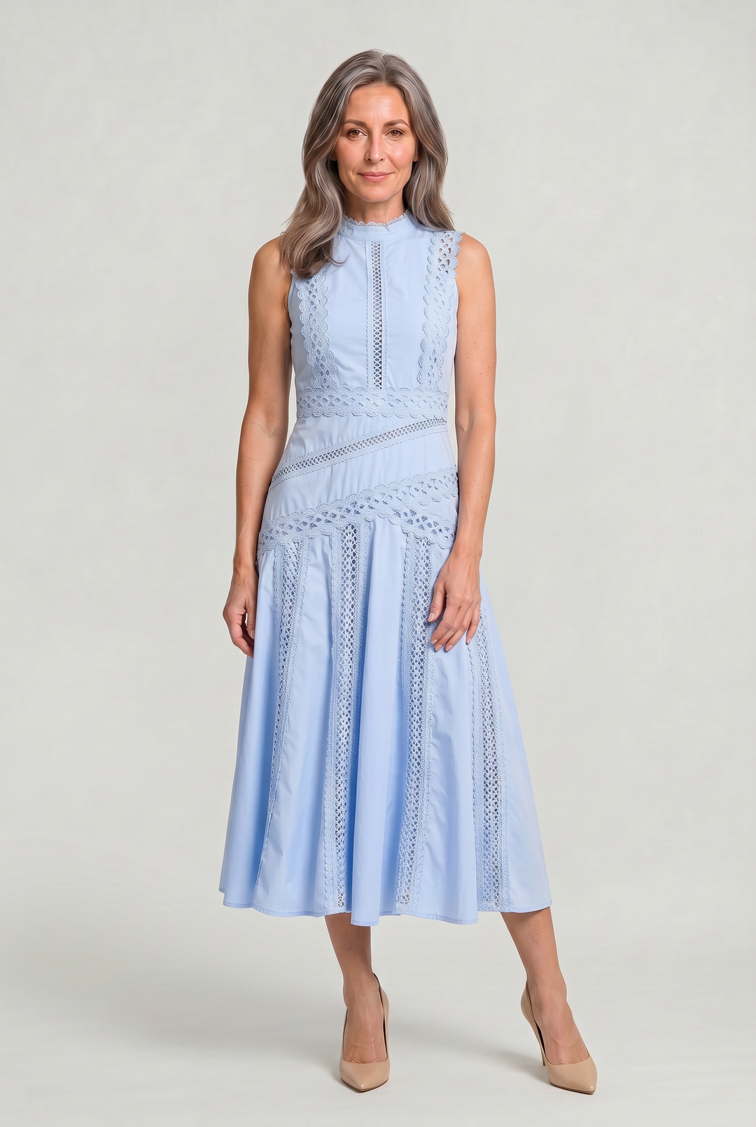 Women's Sleeveless Lace Panel Midi Dress