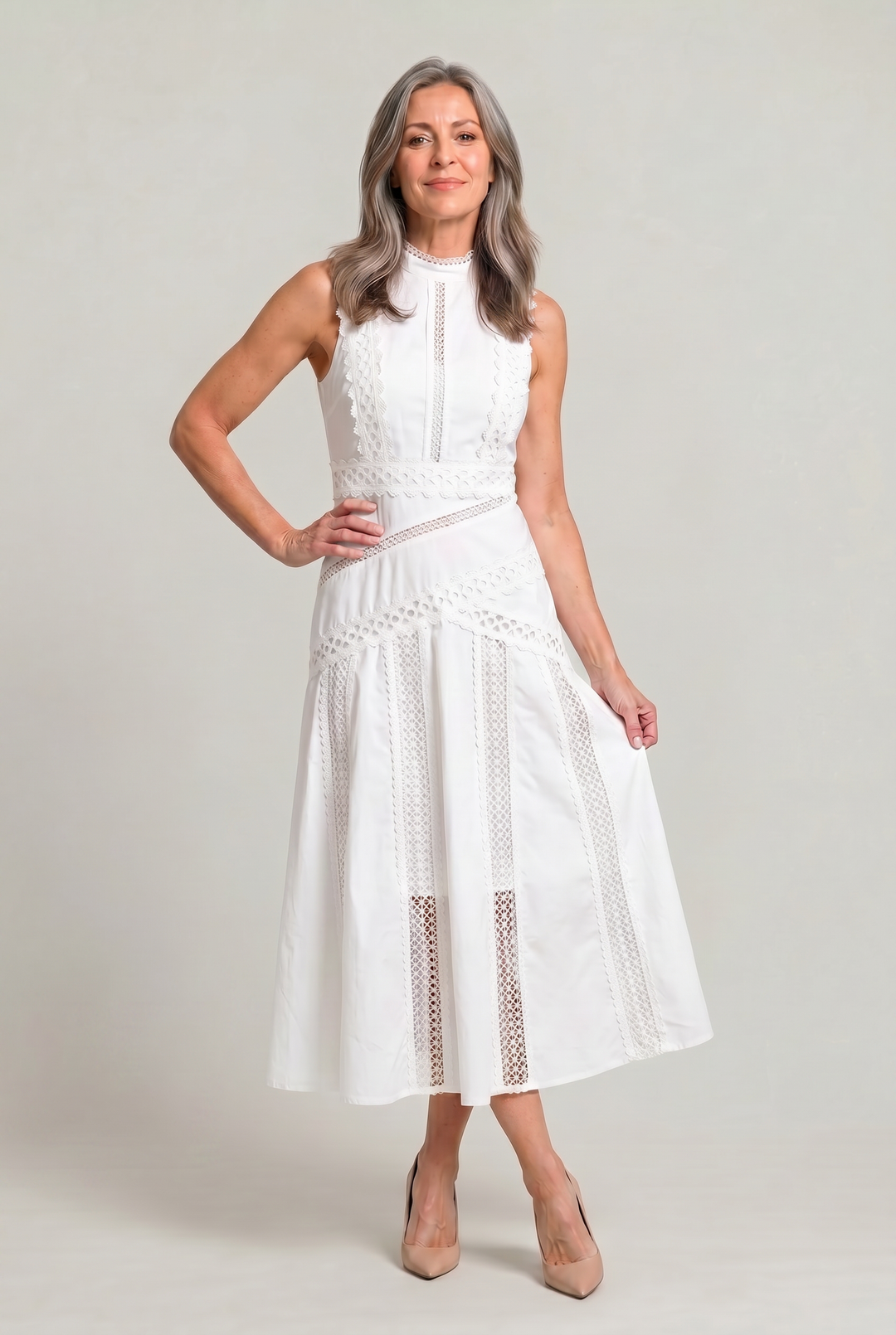 Women's Sleeveless Lace Panel Midi Dress