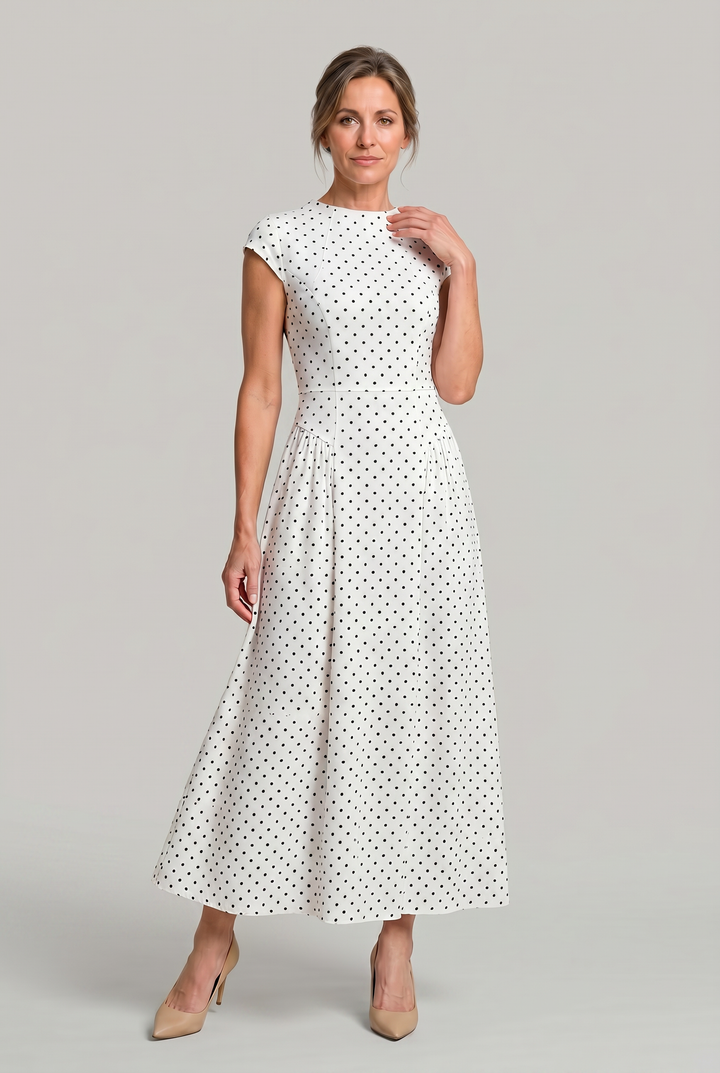Women’s Polka Dot Maxi Dress with Round Neck and A Line Silhouette