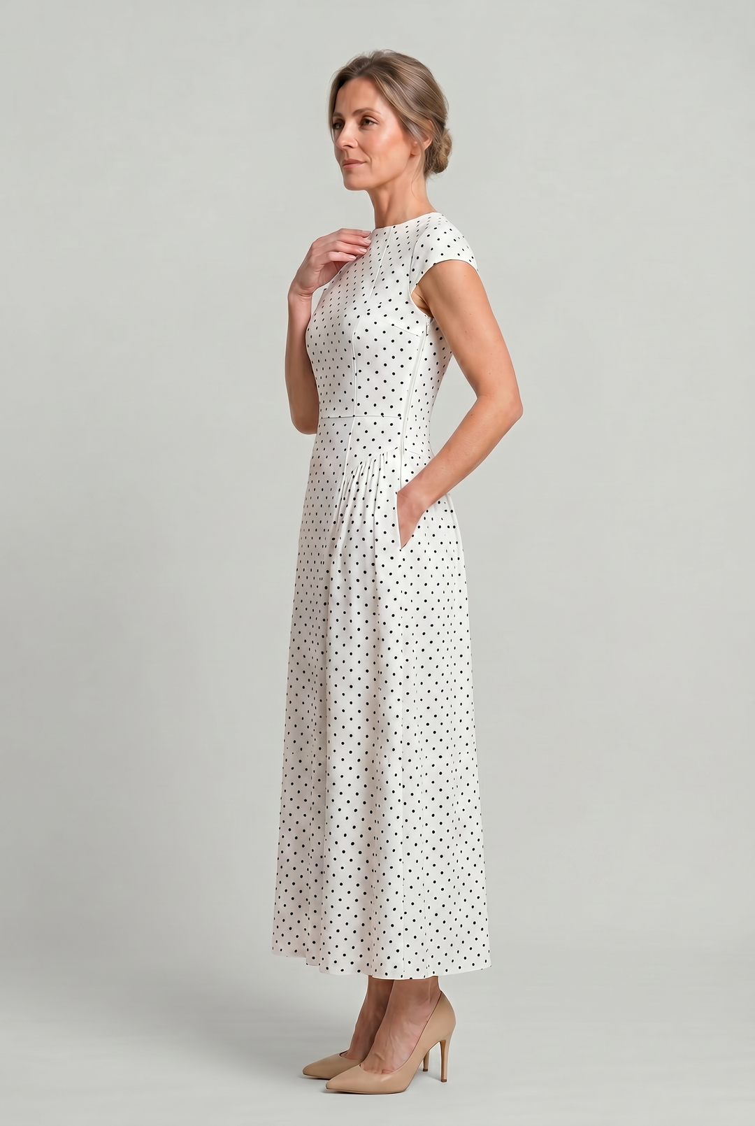 Women’s Polka Dot Maxi Dress with Round Neck and A Line Silhouette