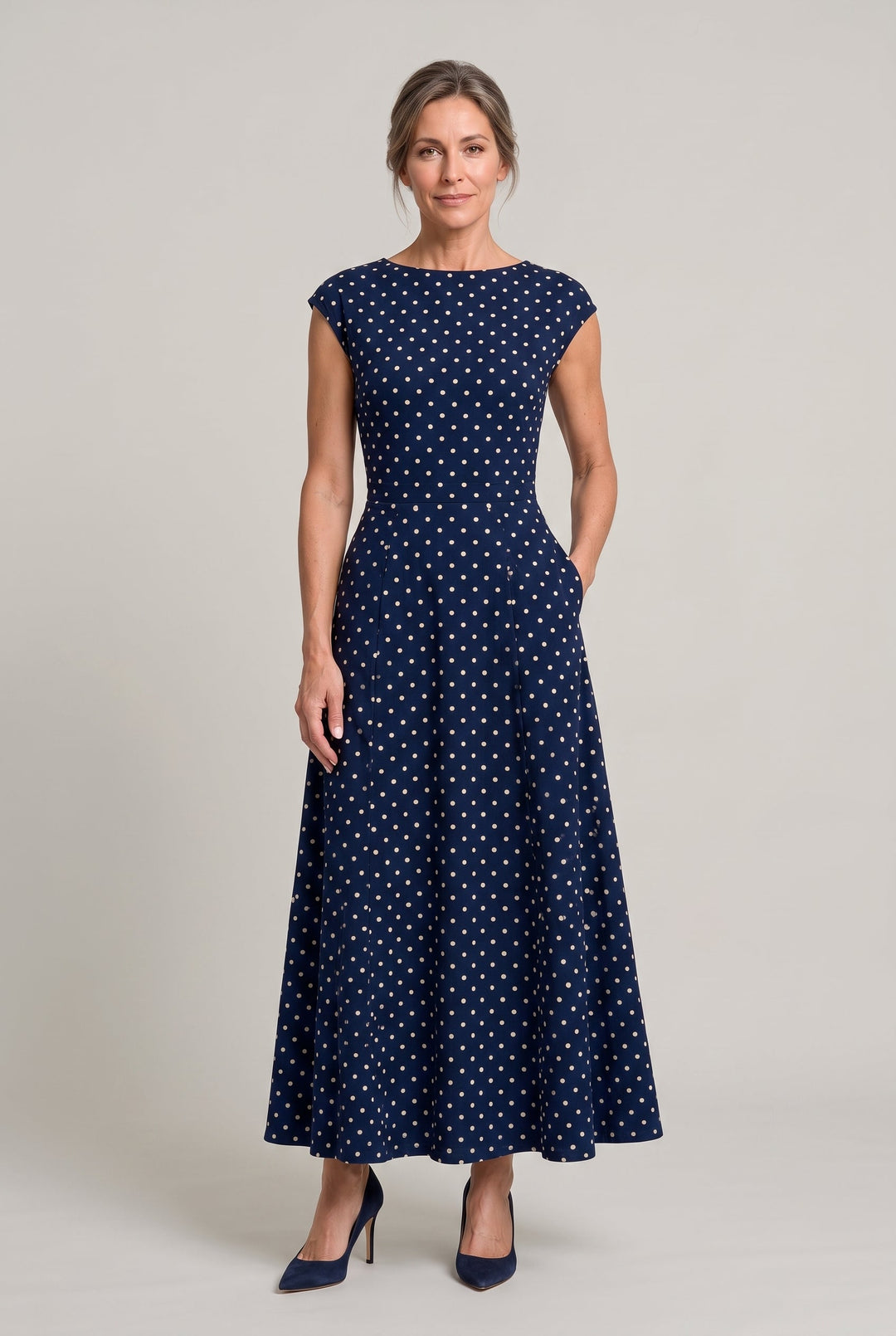 Women’s Polka Dot Maxi Dress – Cap Sleeve Waist Detail Summer Dress