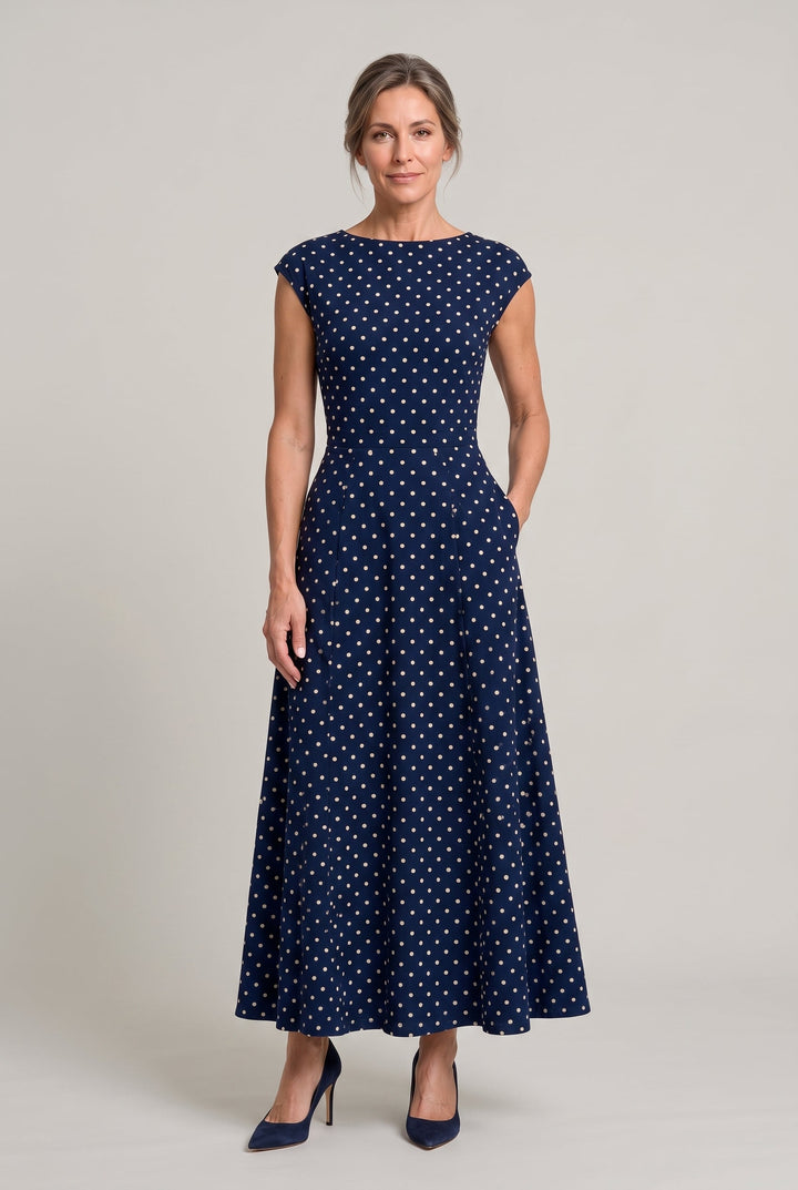 Women’s Polka Dot Maxi Dress – Cap Sleeve Waist Detail Summer Dress