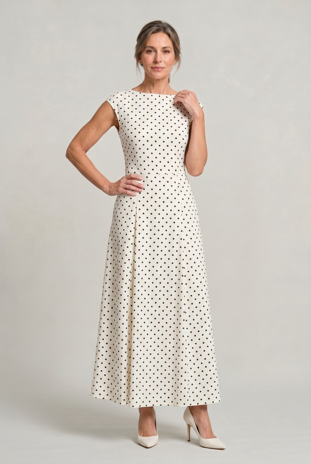 Women’s Polka Dot Maxi Dress – Cap Sleeve Waist Detail Summer Dress