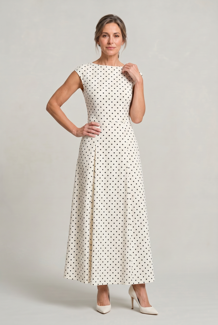 Women’s Polka Dot Maxi Dress – Cap Sleeve Waist Detail Summer Dress