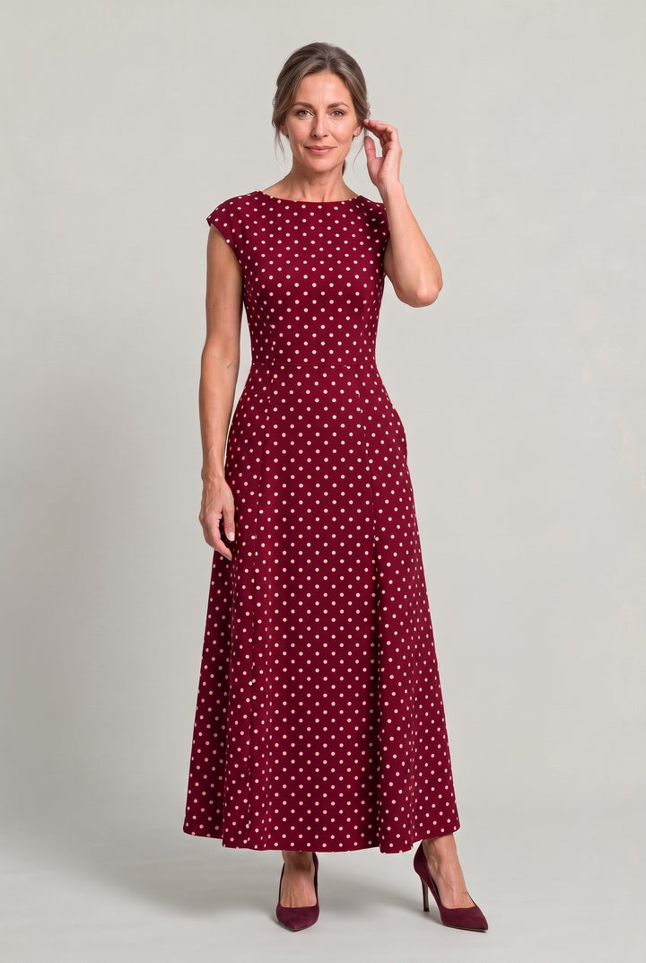 Women’s Polka Dot Maxi Dress – Cap Sleeve Waist Detail Summer Dress