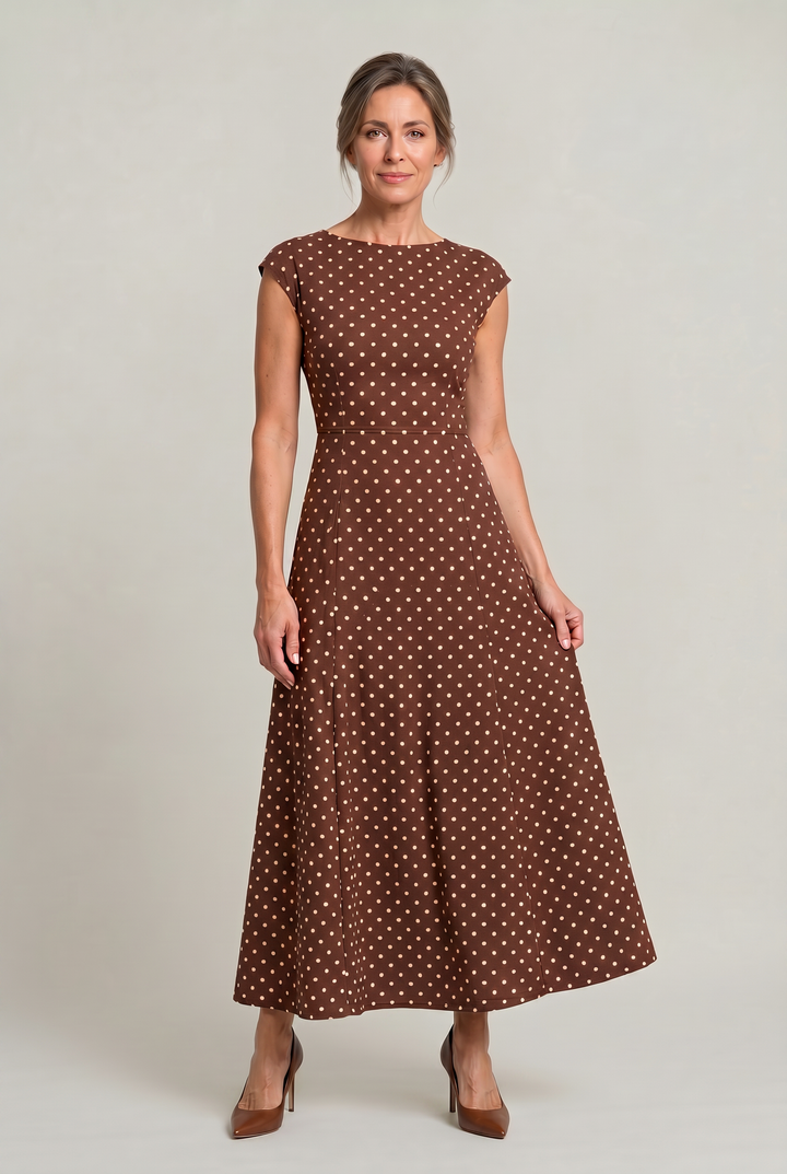 Women’s Polka Dot Maxi Dress – Cap Sleeve Waist Detail Summer Dress