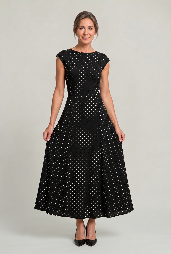 Women’s Polka Dot Maxi Dress – Cap Sleeve Waist Detail Summer Dress