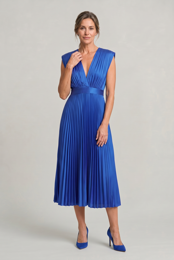 Women’s Pleated Midi V-Neck Wedding Guest Dress