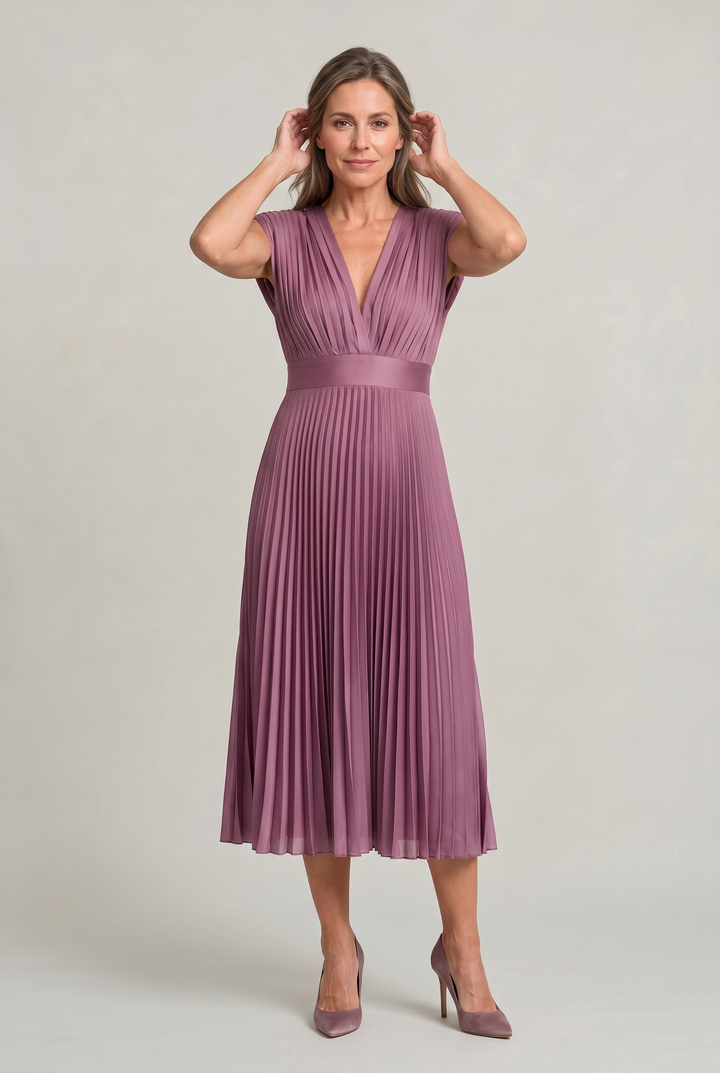 Women’s Pleated Midi V-Neck Wedding Guest Dress