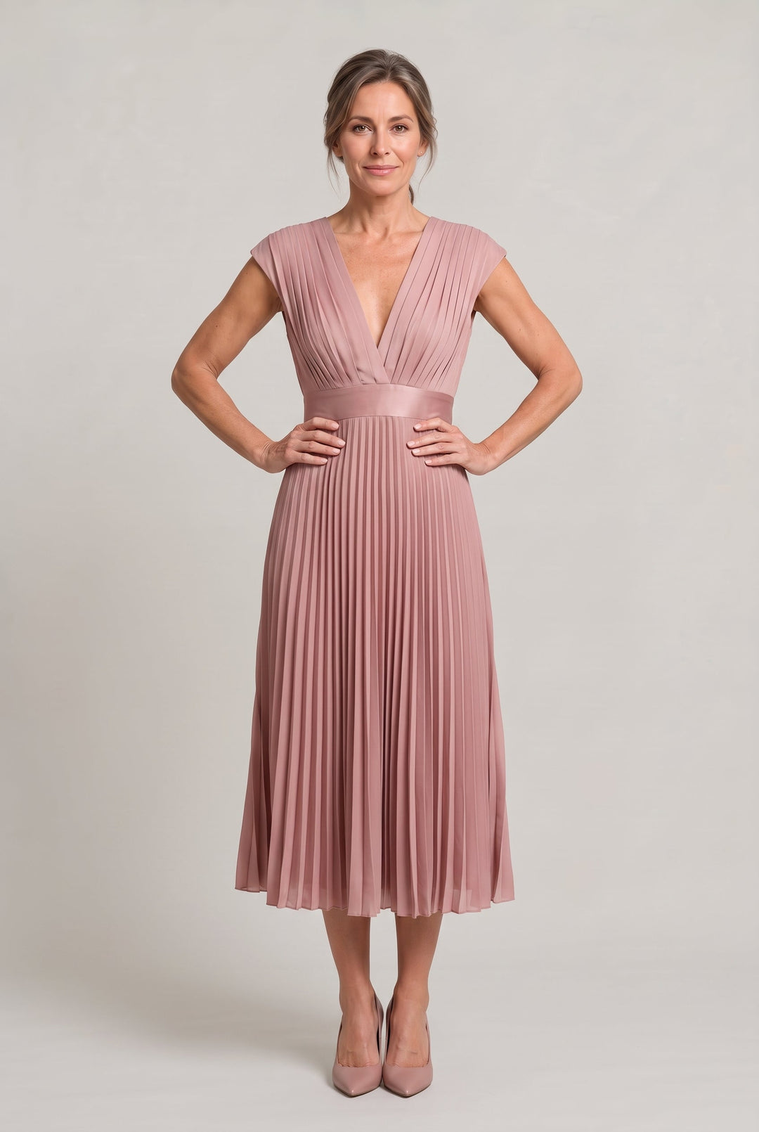 Women’s Pleated Midi V-Neck Wedding Guest Dress