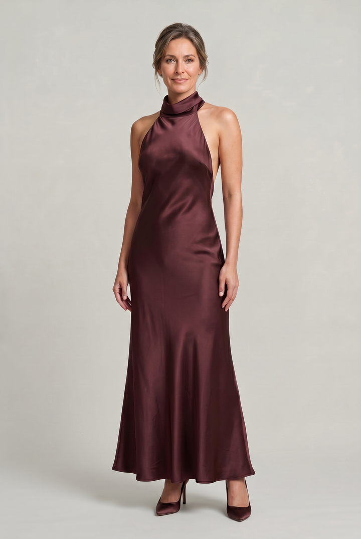 Women's Satin Halter Maxi Dress - Open Back Cowl Neck Formal Evening Gown